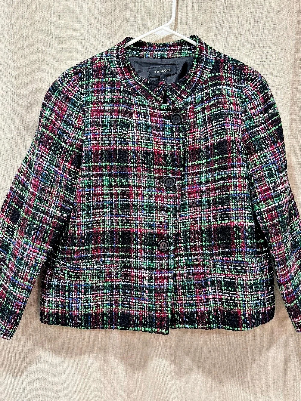 Talbots Wool Tweed Blazer Multicolor Jewel Tone Check Collarless Workwear Size 8
